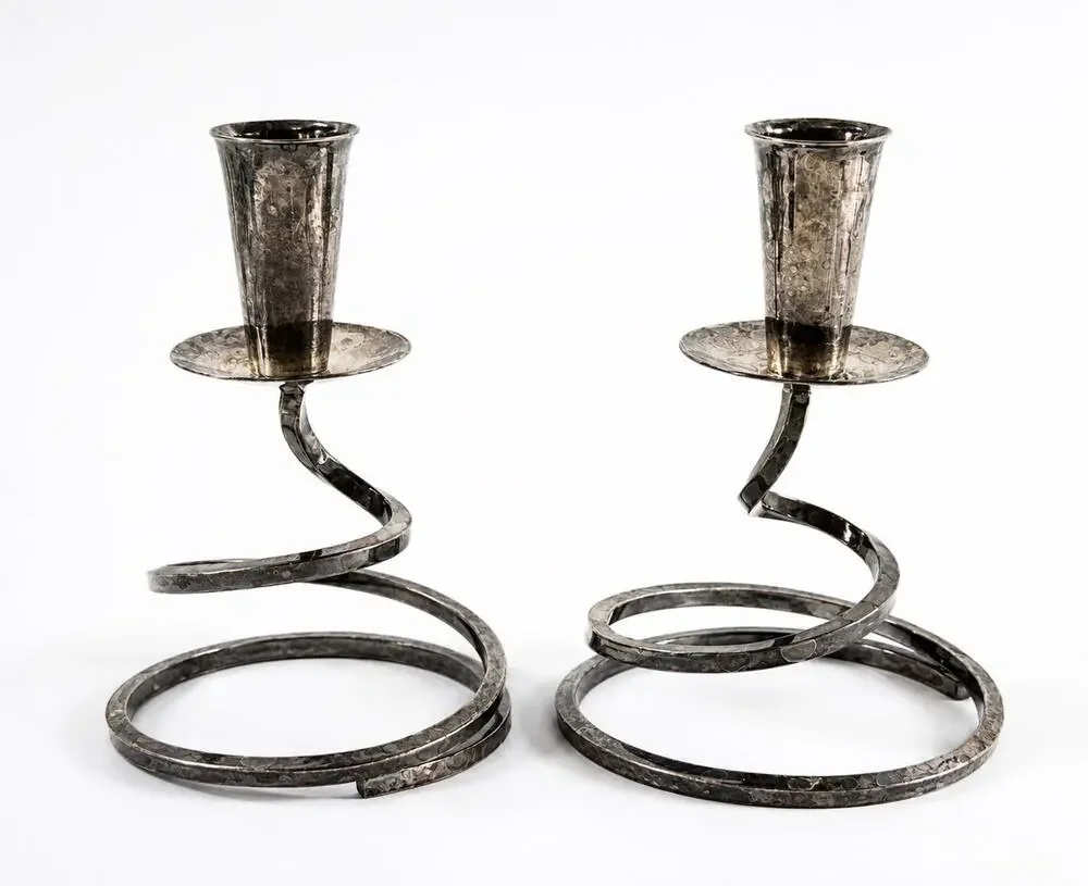 Vintage Silverplate Spiral Candle Holders Pair Hand Hammered Modernist 5”